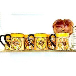 Set of 6 Vintage Clay Art Sunflower Ceramic Mugs HandPainted, Rustic Style